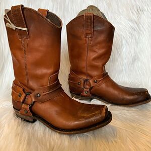 LIBERTY Black Cognac Leather Harness Western Moto Boots